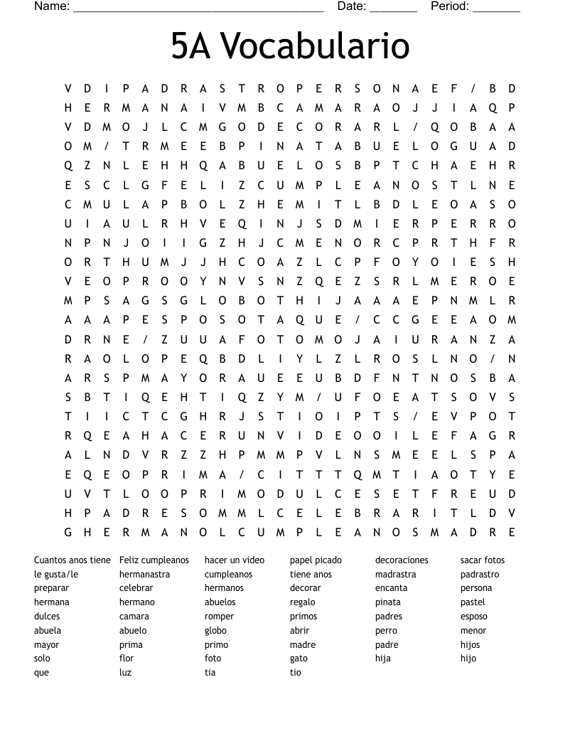 5A Vocabulario Word Search
