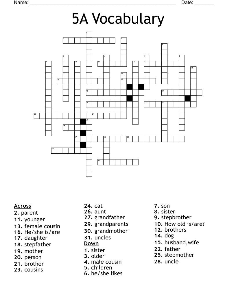5A Vocabulary Crossword
