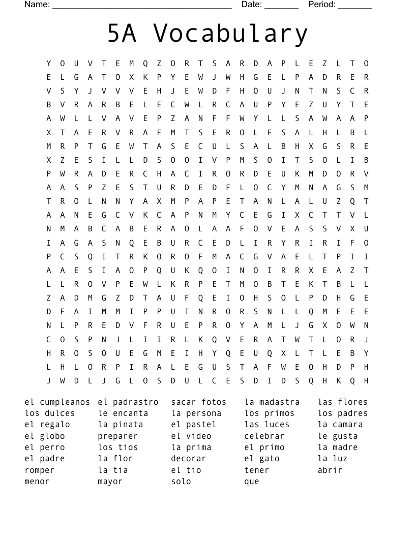 5A Vocabulary Word Search