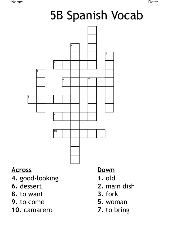5B Spanish Vocab Crossword