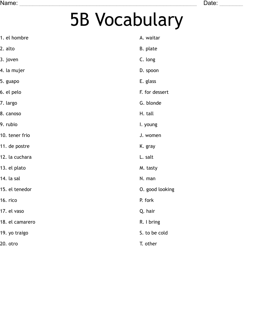 5B Vocabulary Worksheet