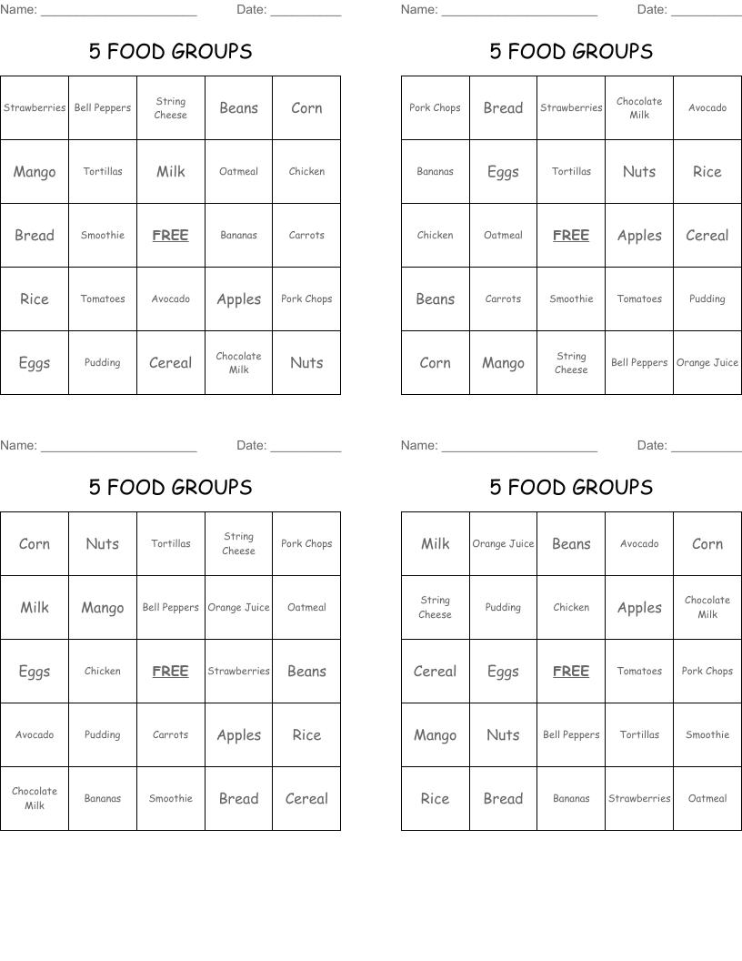 5 FOOD GROUPS Bingo Cards