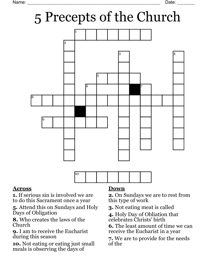 5 Precepts of the Church Crossword