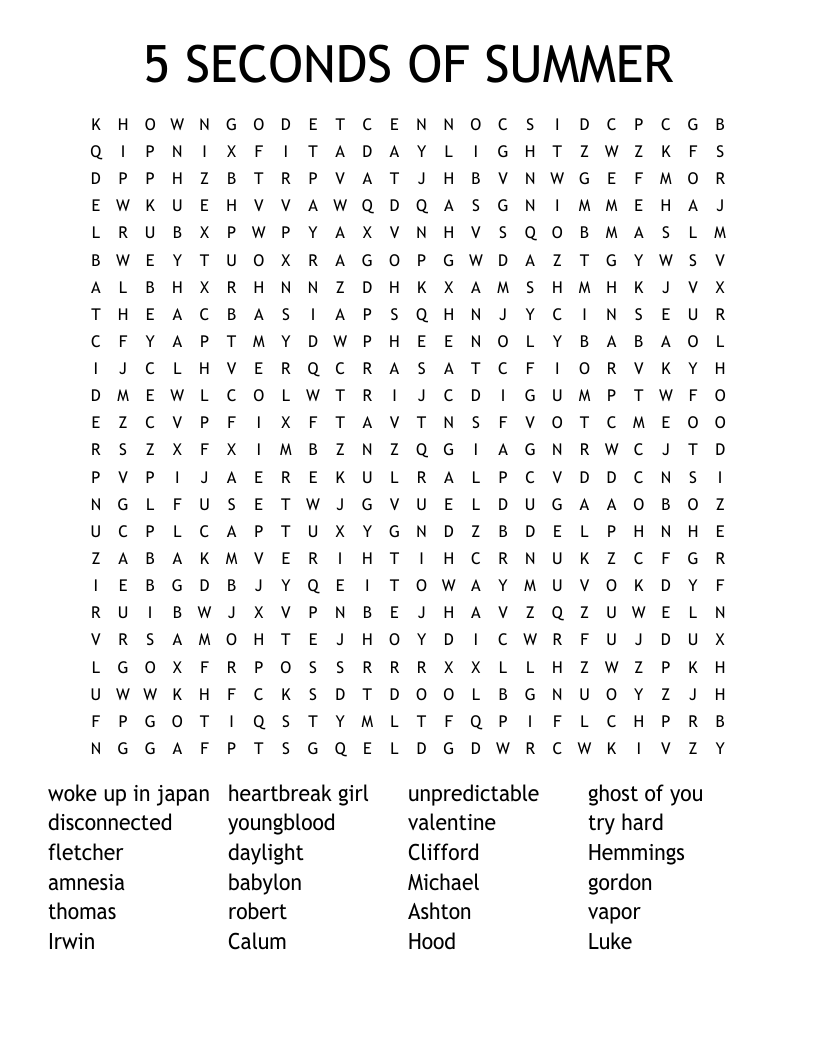 5 SECONDS OF SUMMER Word Search