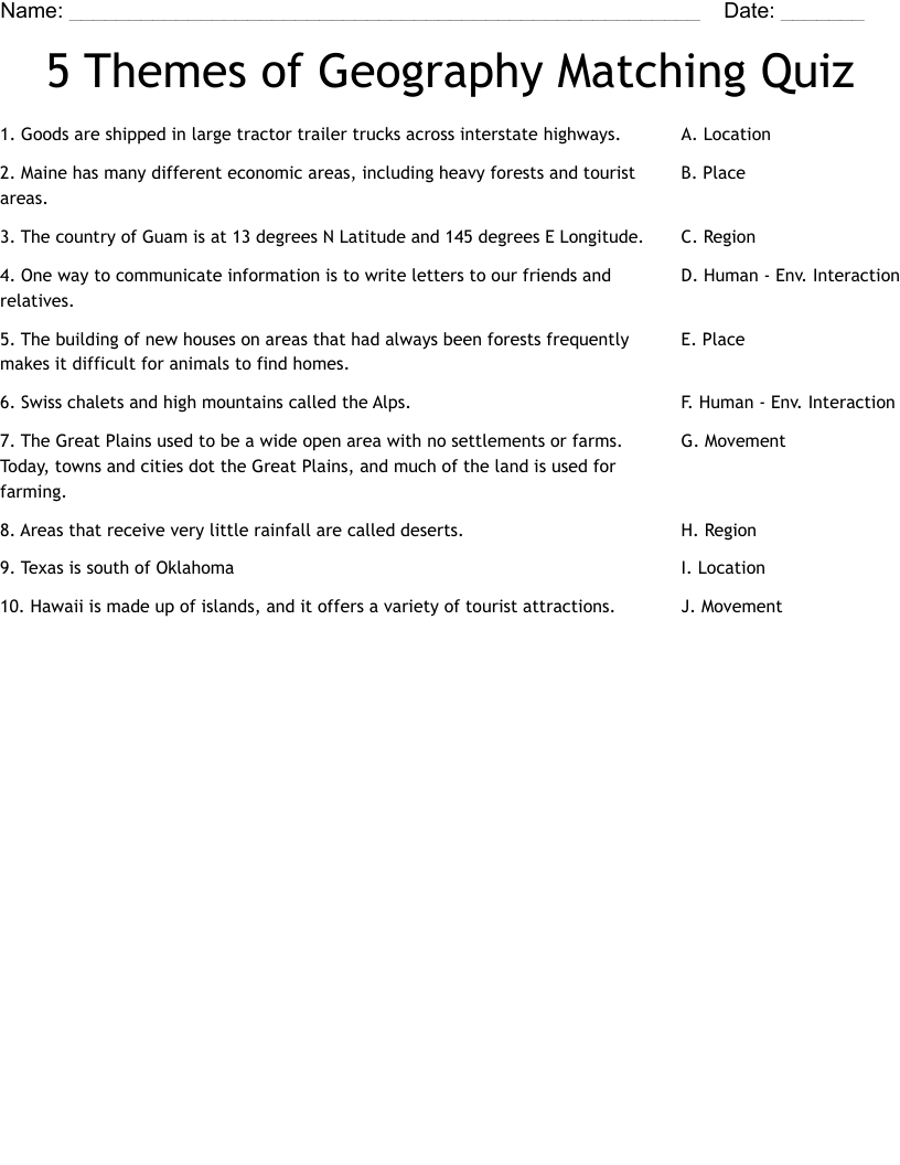 5 Themes of Geography Matching Quiz Worksheet