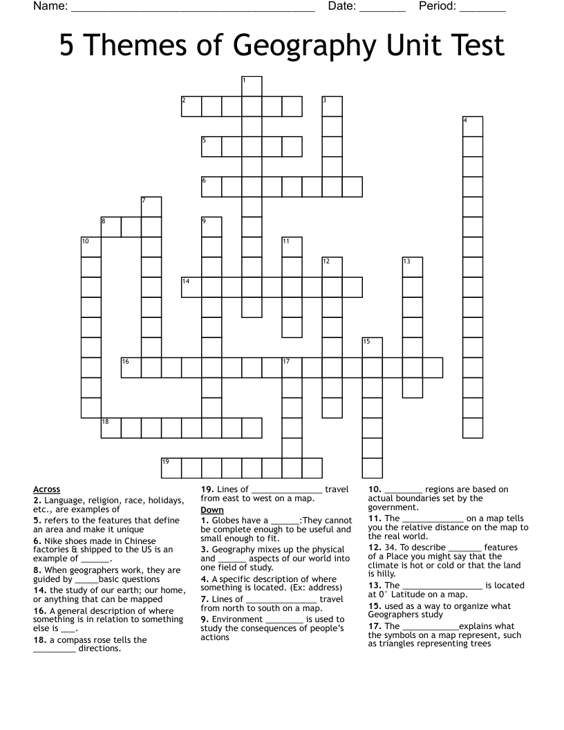 5 Themes of Geography Unit Test Crossword