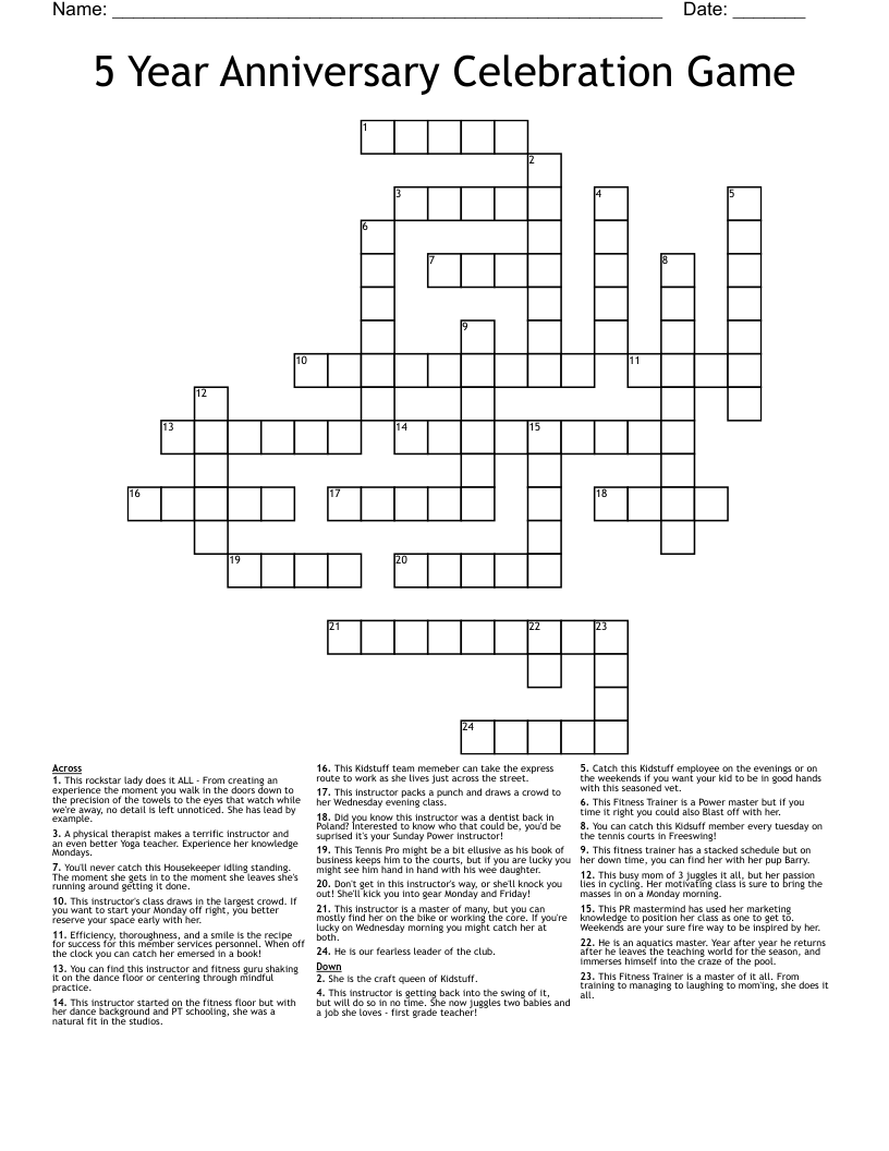 5 Year Anniversary Celebration Game Crossword