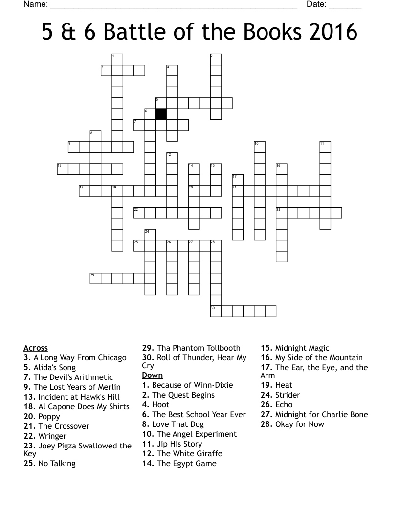 5 & 6 Battle of the Books 2016 Crossword