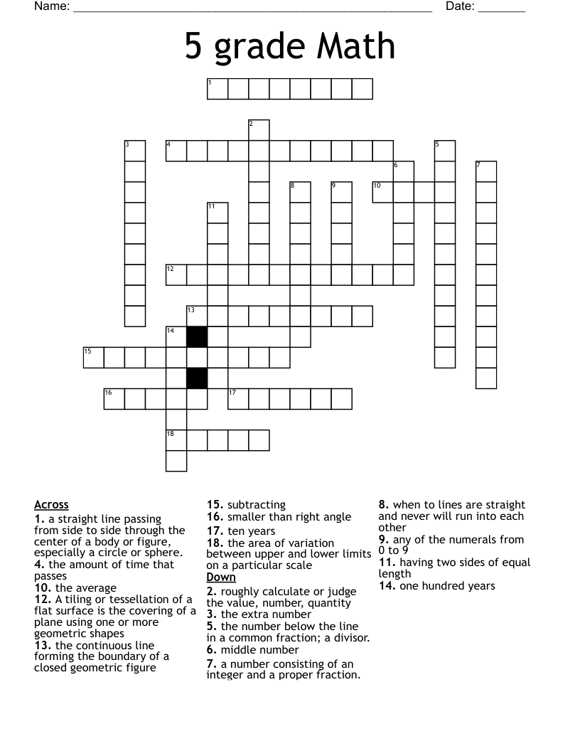 5 grade Math Crossword