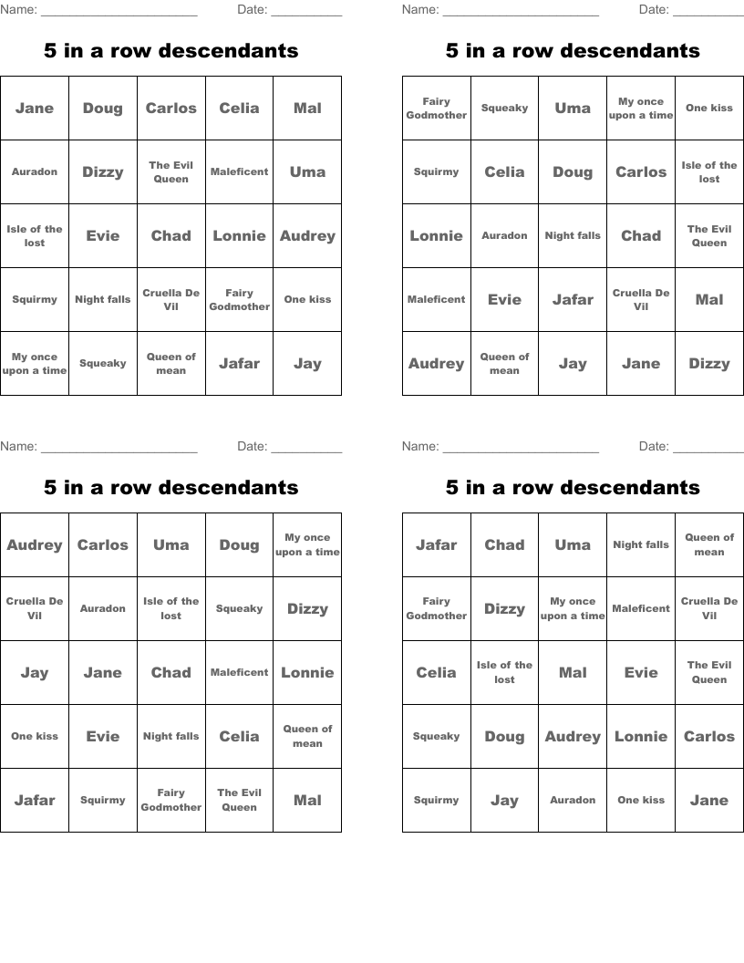 5 in a row descendants Bingo Cards
