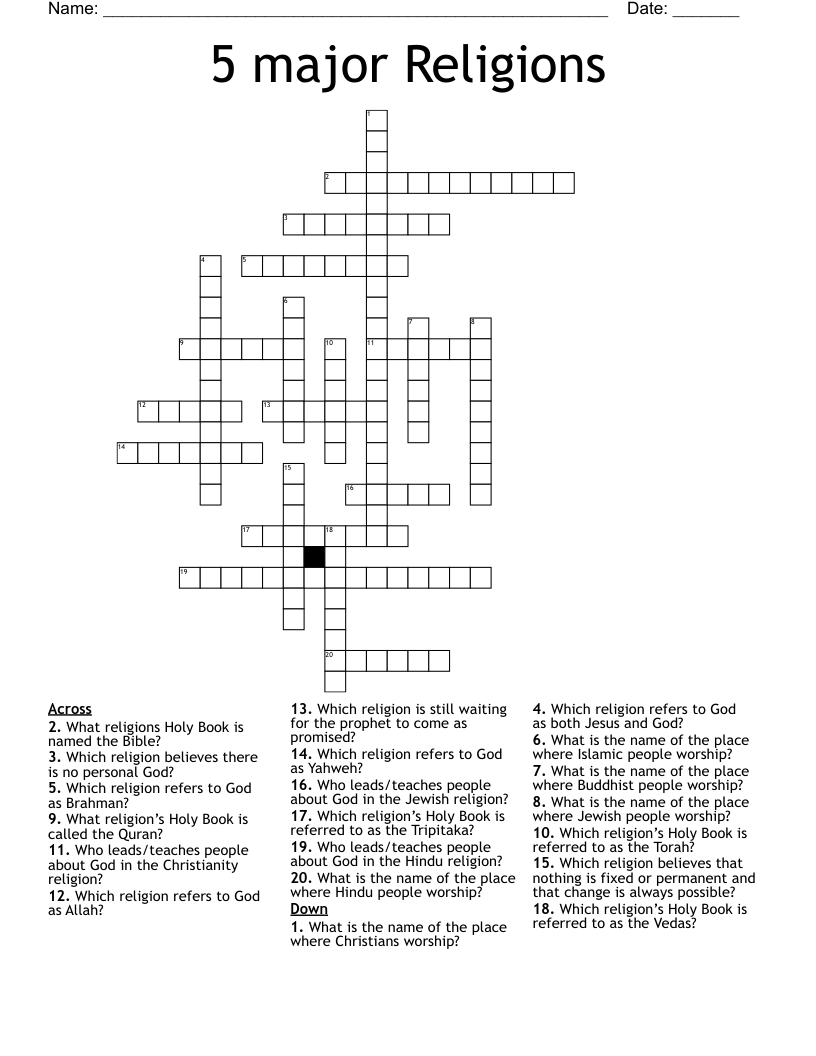 5 major Religions Crossword