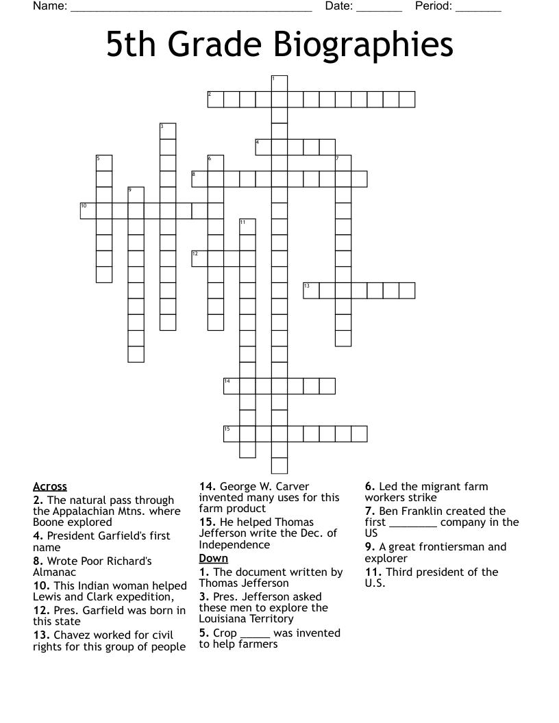 5th Grade Biographies Crossword
