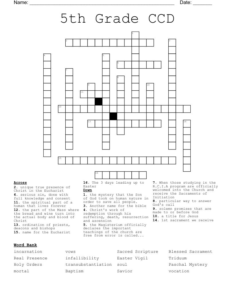 5th Grade CCD Crossword