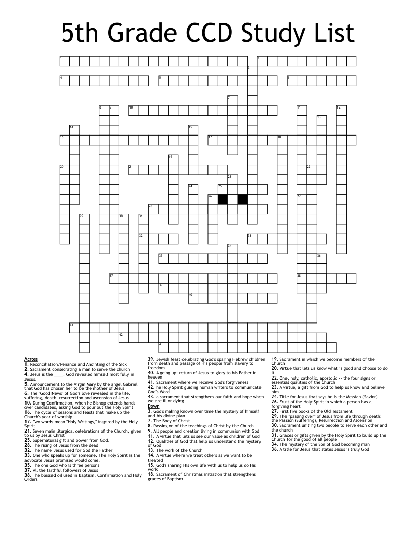 5th Grade CCD Study List Crossword