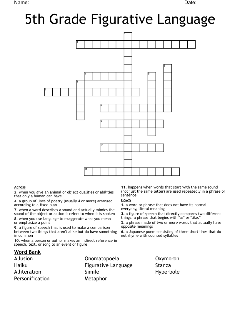 5th Grade Figurative Language Crossword