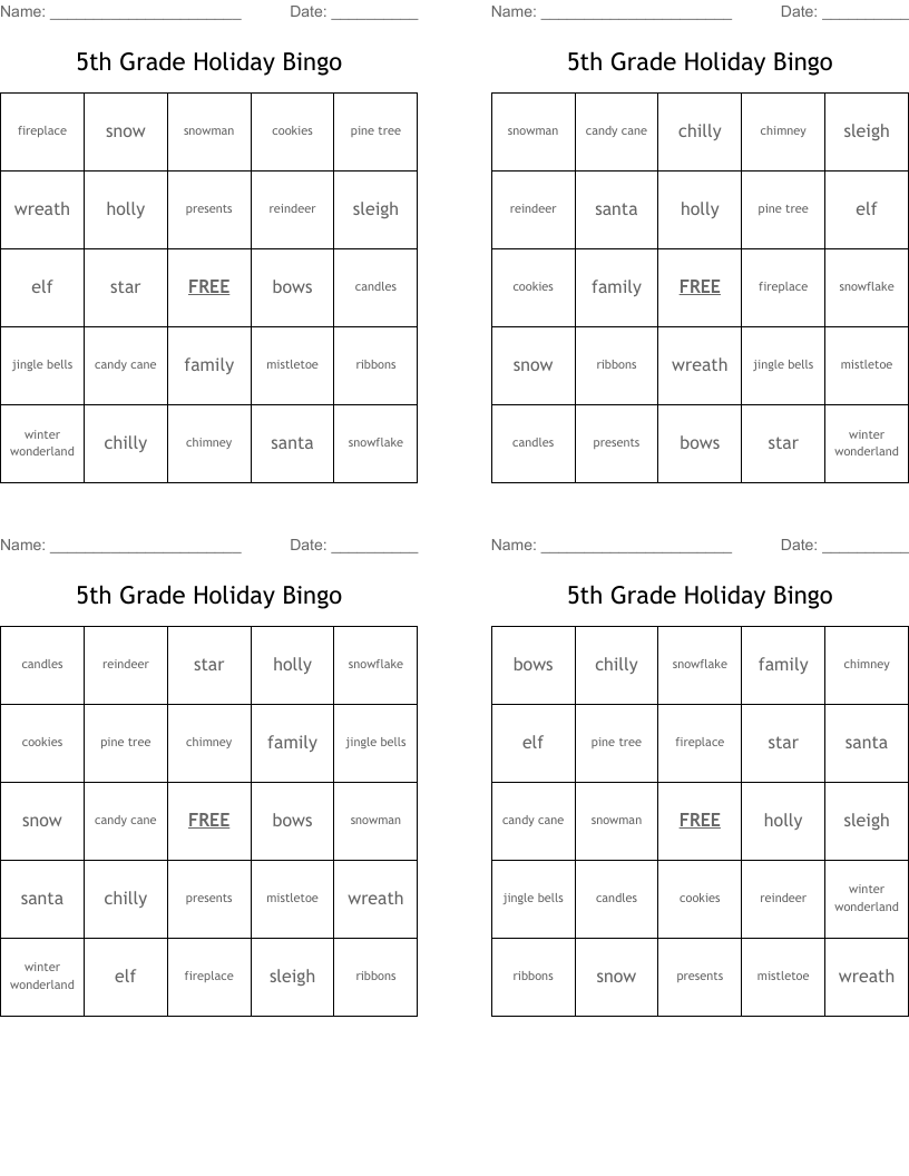 5th Grade Holiday Bingo