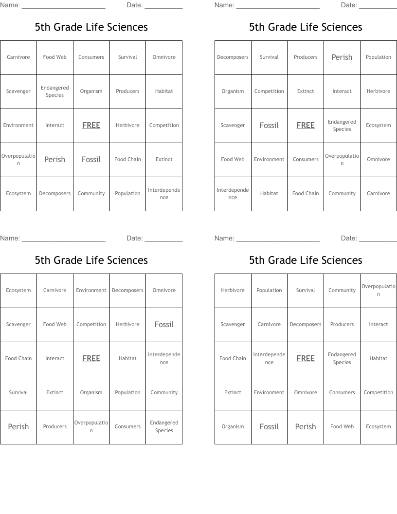 5th Grade Life Sciences Bingo Cards