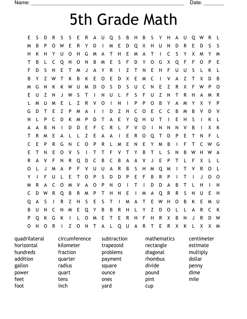 5th Grade Math Word Search