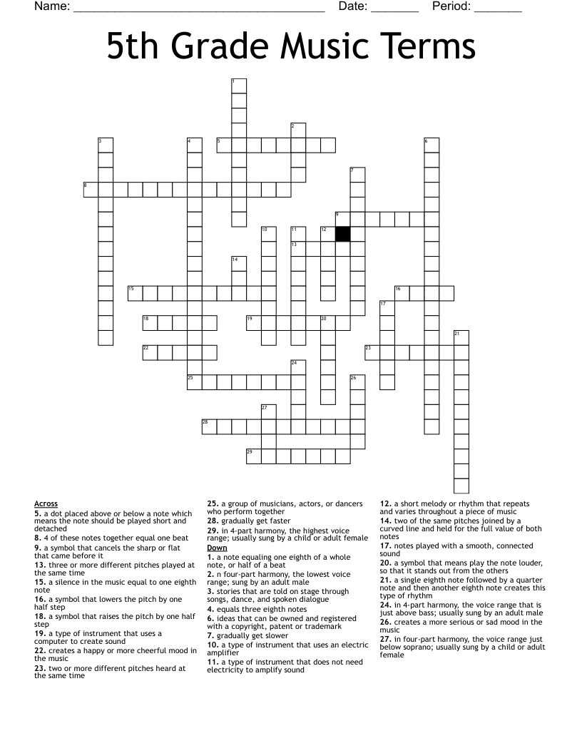 5th Grade Music Terms Crossword