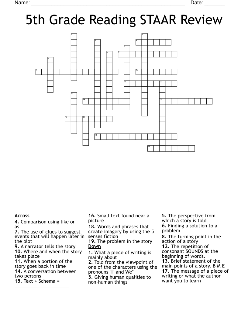 5th Grade Reading STAAR Review Crossword