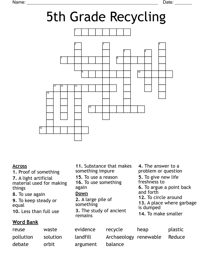 5th Grade Recycling Crossword