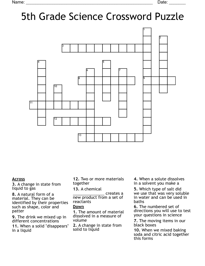 5th Grade Science Crossword Puzzle