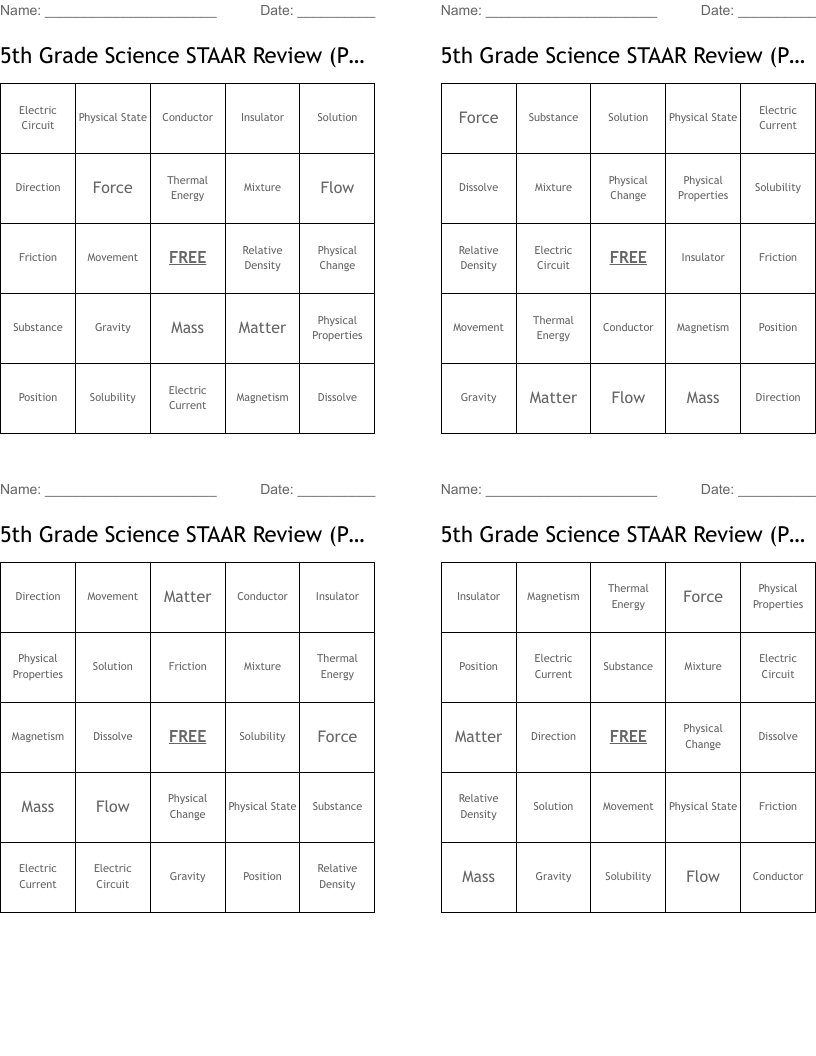 5th Grade Science STAAR Review (Physical) Bingo Cards