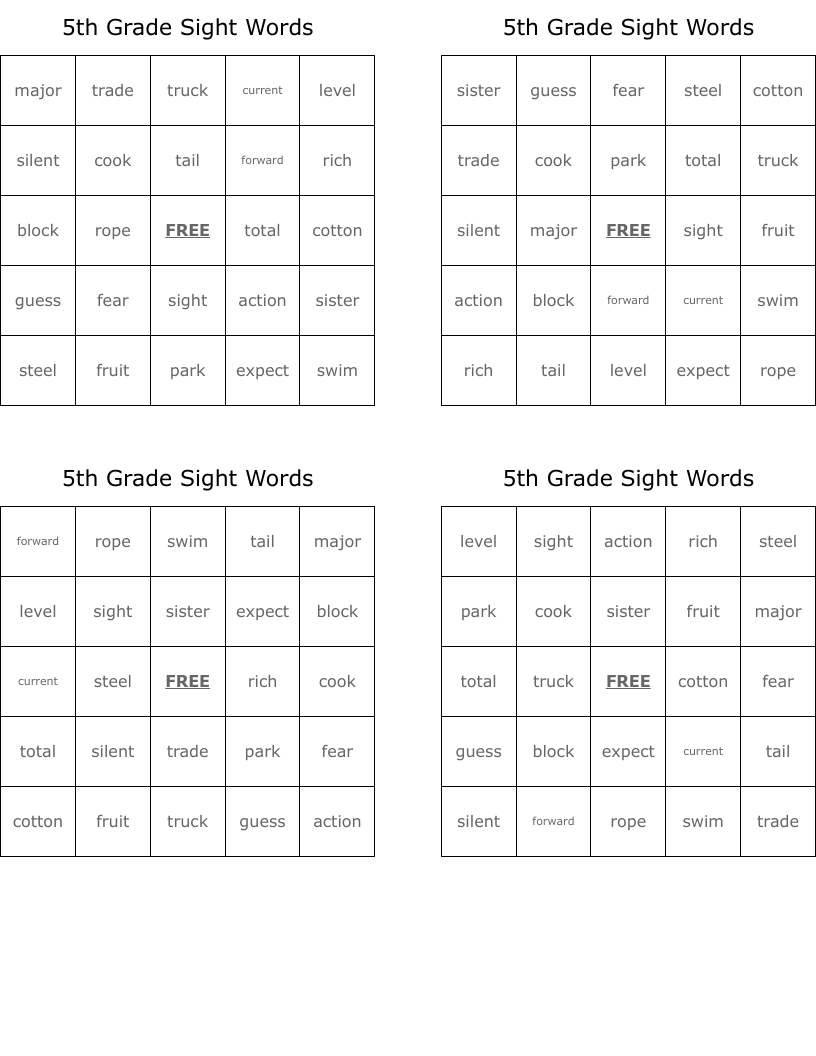 5th Grade Sight Words Bingo Cards
