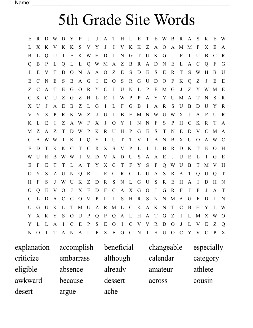 5th Grade Site Words Word Search