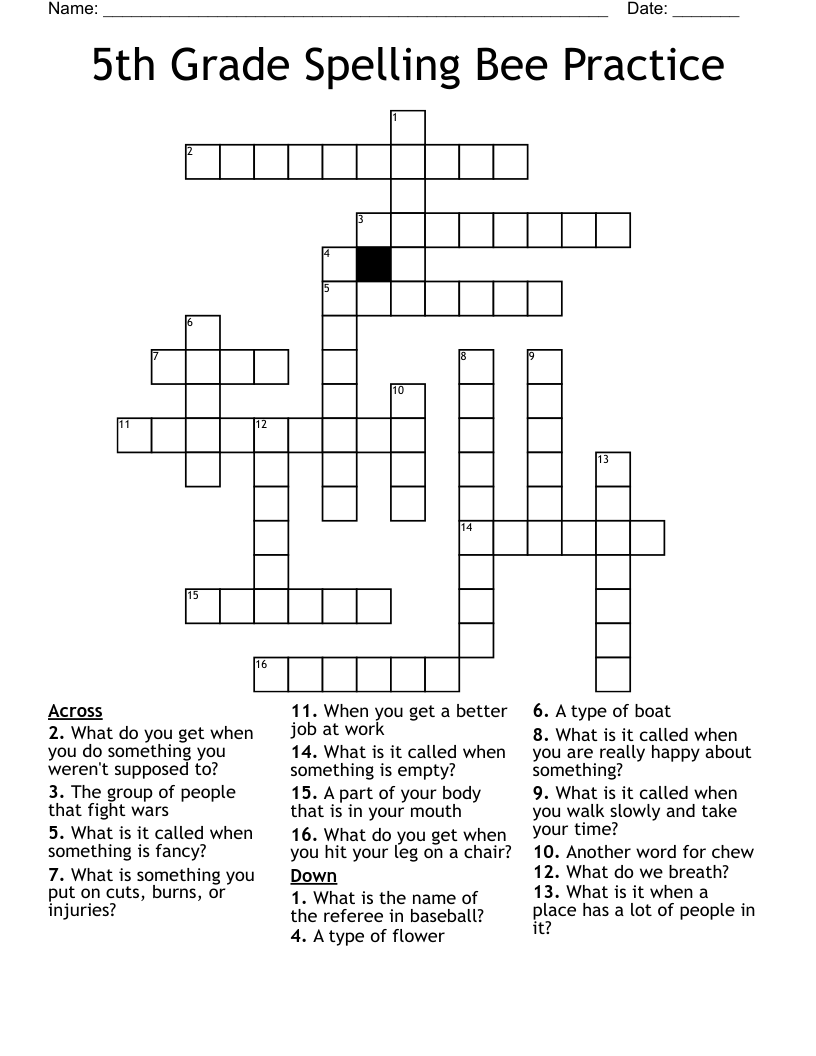 5th Grade Spelling Bee Practice  Crossword