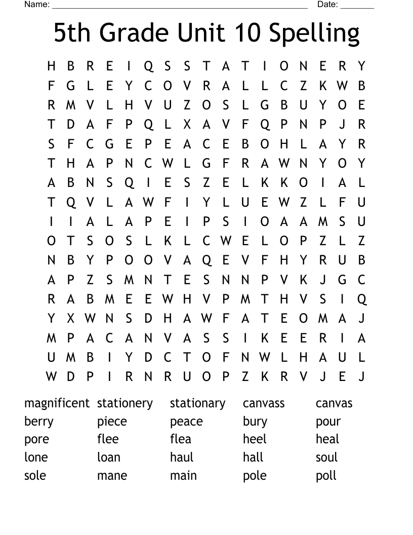 5th Grade Unit 10 Spelling Word Search