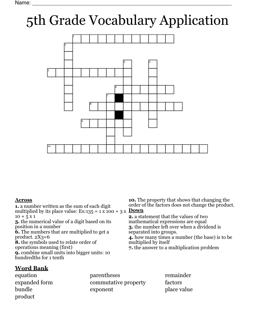 5th Grade Vocabulary Application Crossword