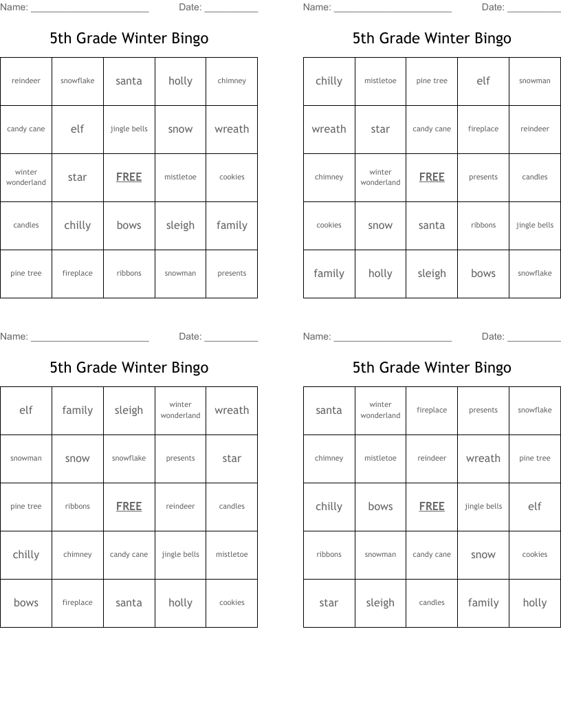 5th Grade Winter Bingo