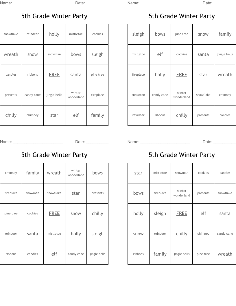 5th Grade Winter Party Bingo Cards