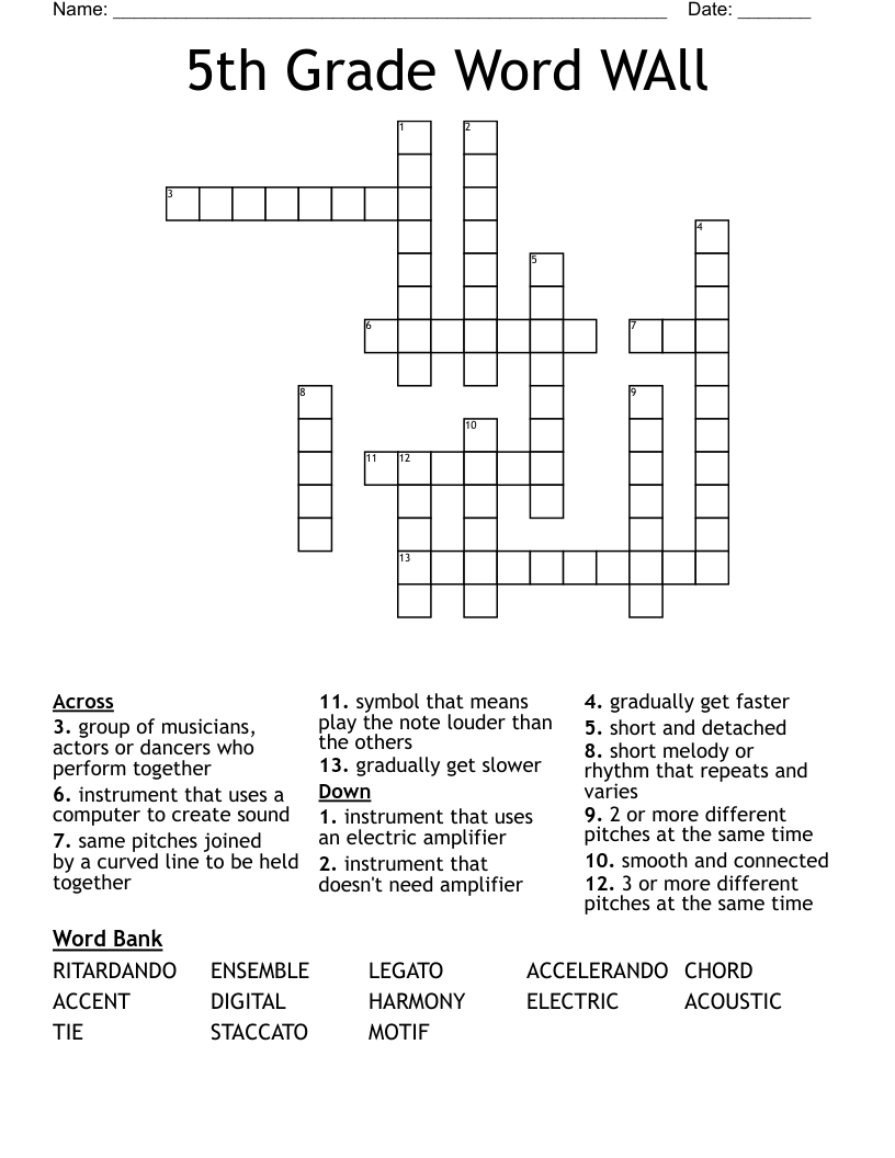 5th Grade Word WAll Crossword