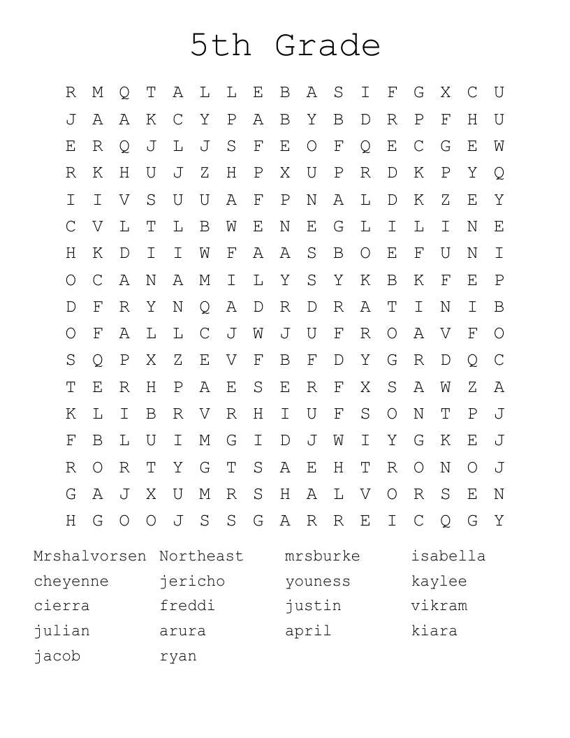 5th Grade  Word Search