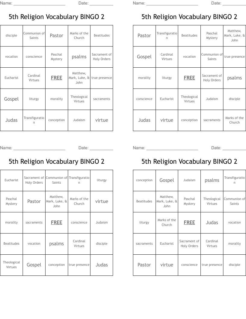 5th Religion Vocabulary BINGO 2