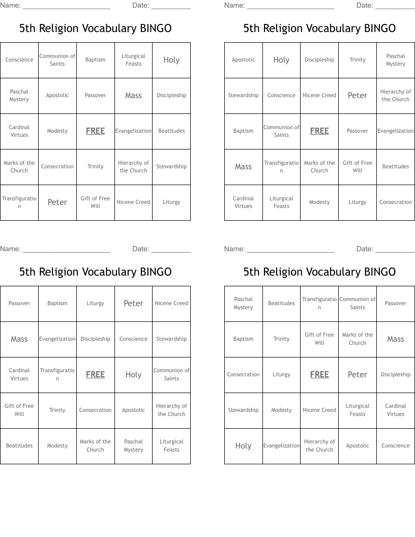 5th Religion Vocabulary BINGO