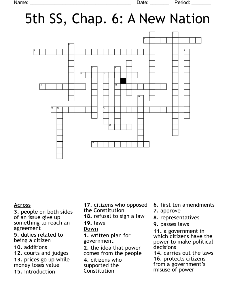 5th SS, Chap. 6: A New Nation Crossword
