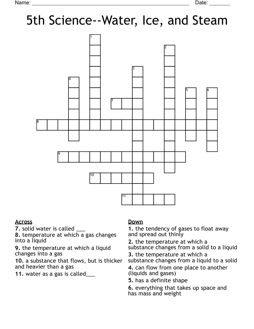 5th Science--Water, Ice, and Steam Crossword