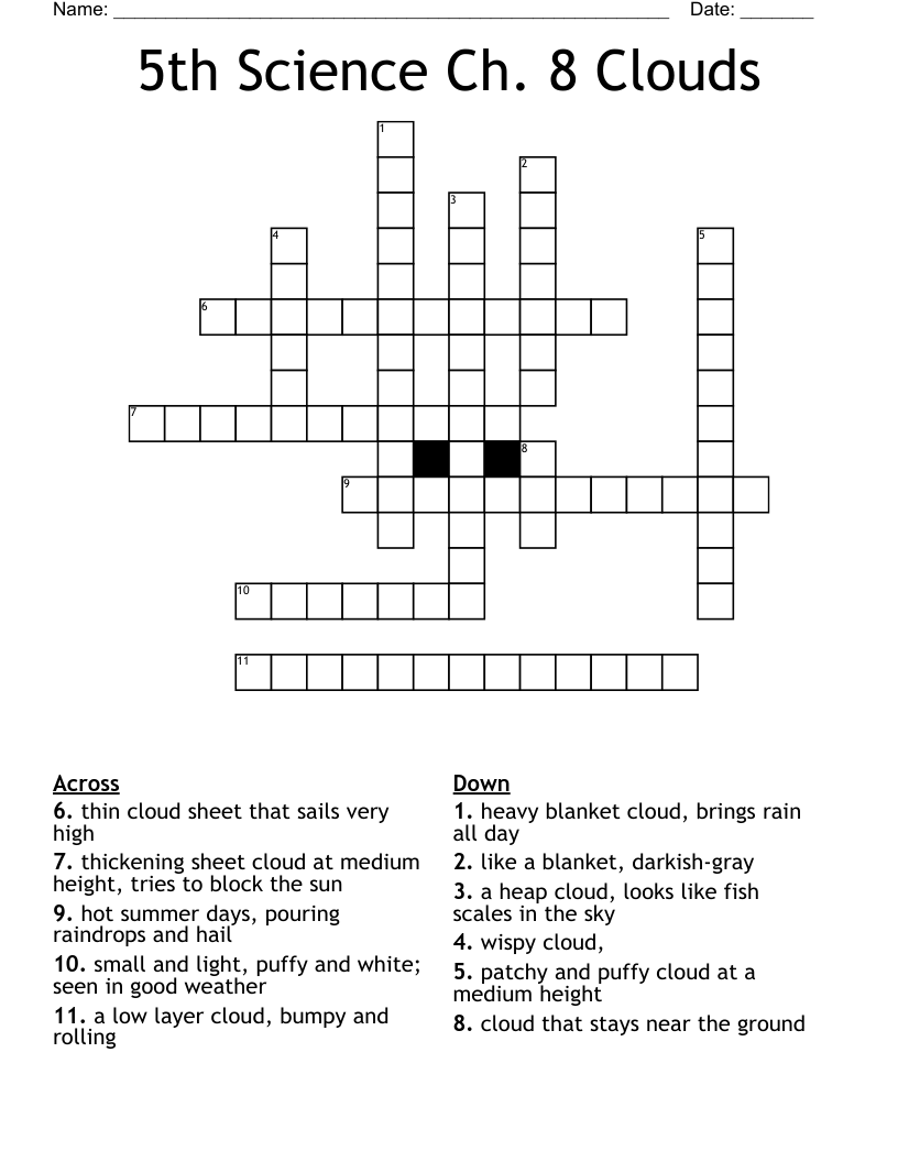 5th Science  Ch. 8 Clouds Crossword