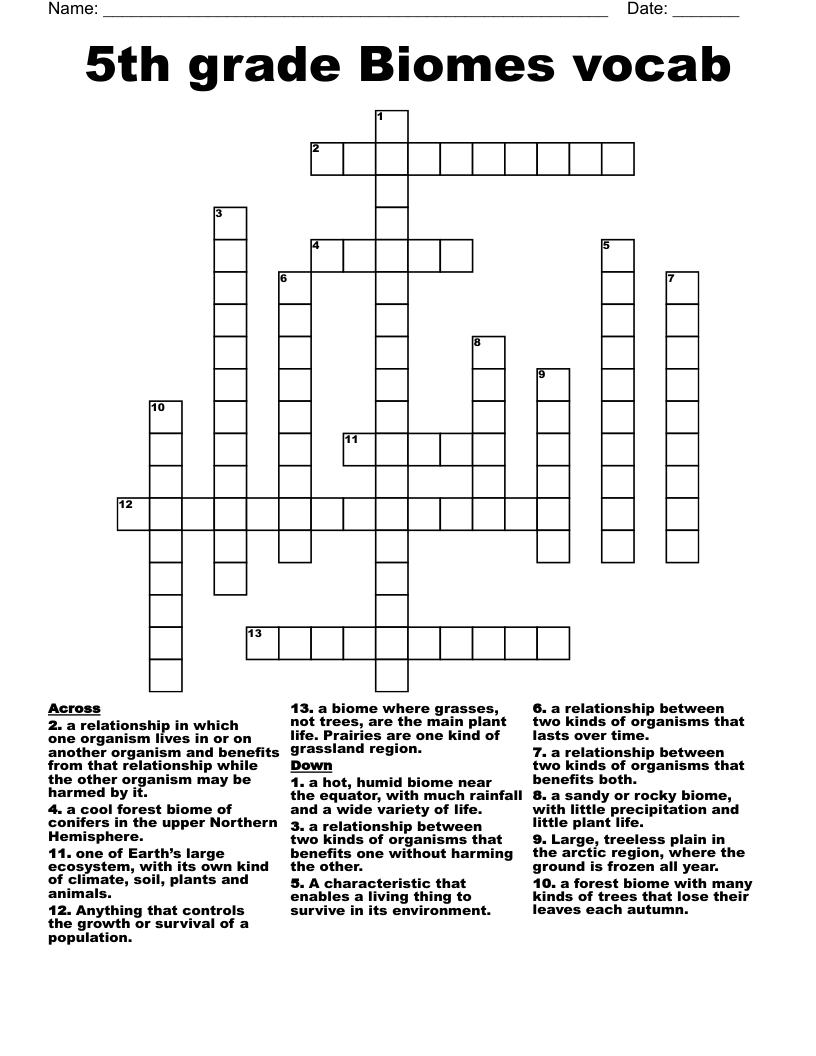 5th grade Biomes vocab Crossword