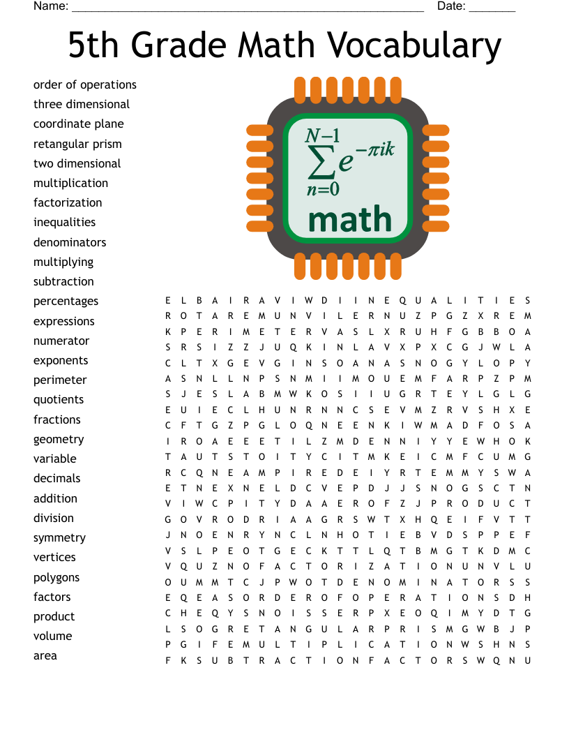 5th Grade Math Vocabulary Word Search