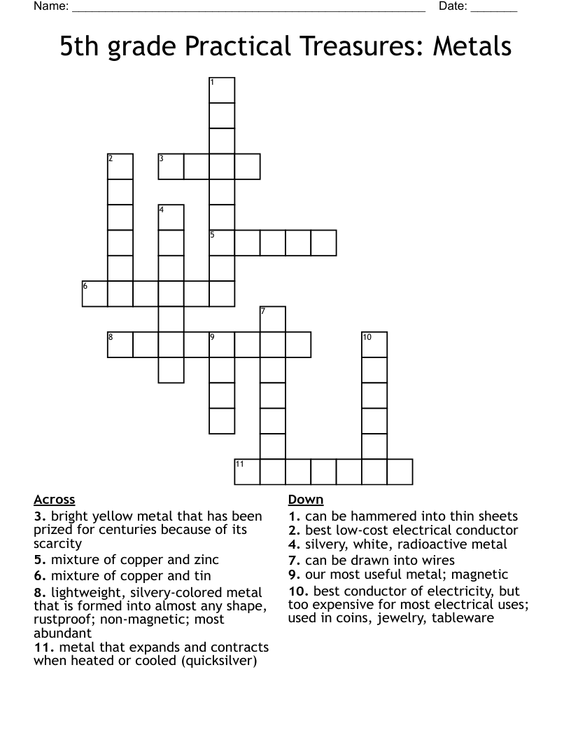 5th grade Practical Treasures: Metals Crossword