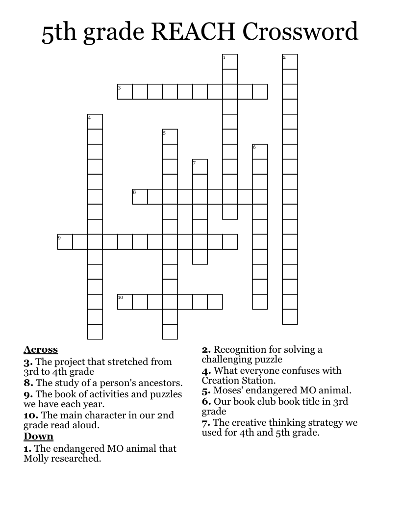 5th grade REACH Crossword