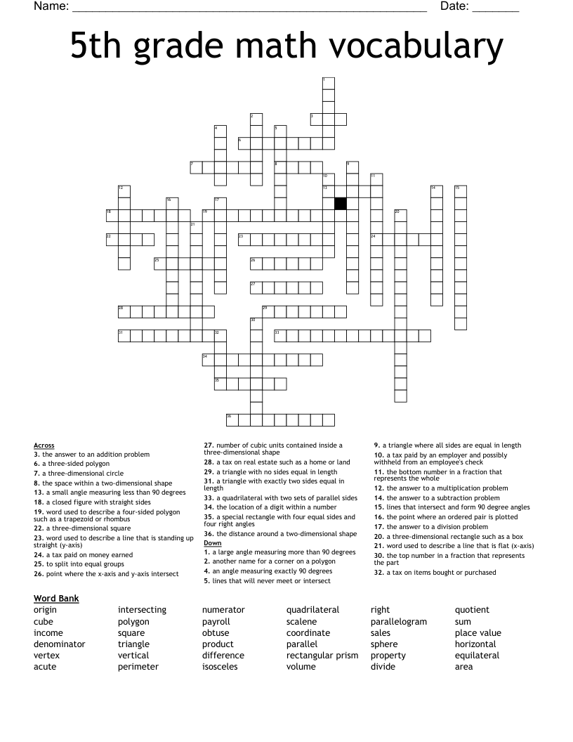 5th grade math vocabulary Crossword