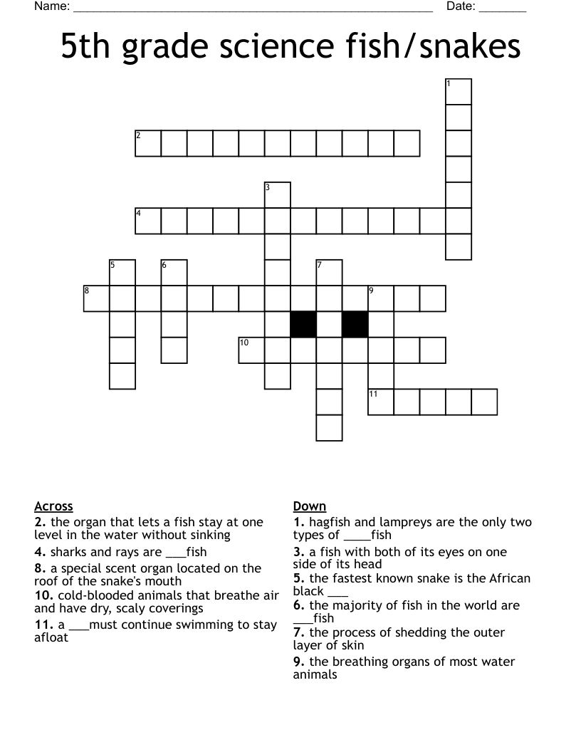 5th grade science fish/snakes Crossword