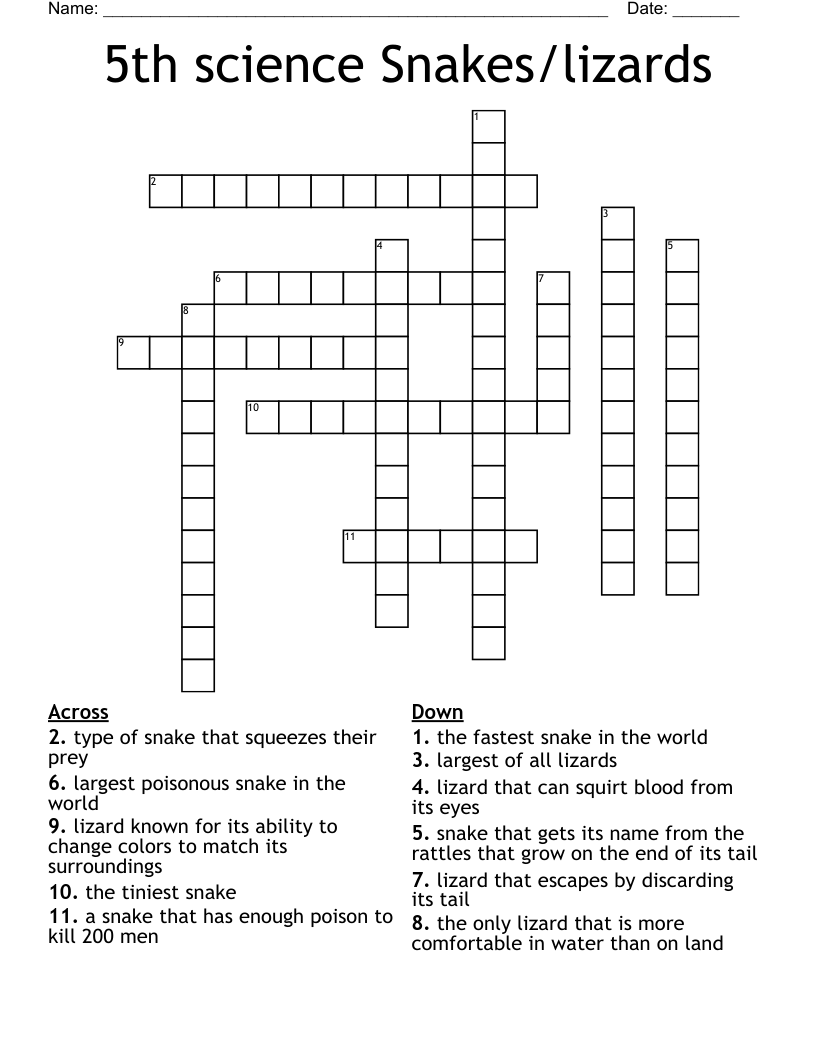 5th science Snakes/lizards Crossword