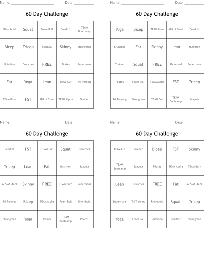 60 Day Challenge Bingo Cards