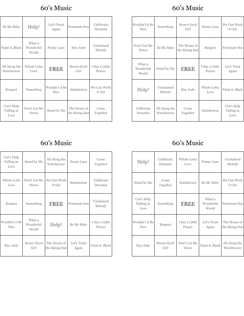 60's Music Bingo Cards